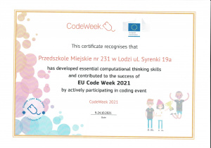 Certyfikat aktywnego udziału w wydarzeniach Europejskiego Tygodnia Kodowania Codeweek 2021